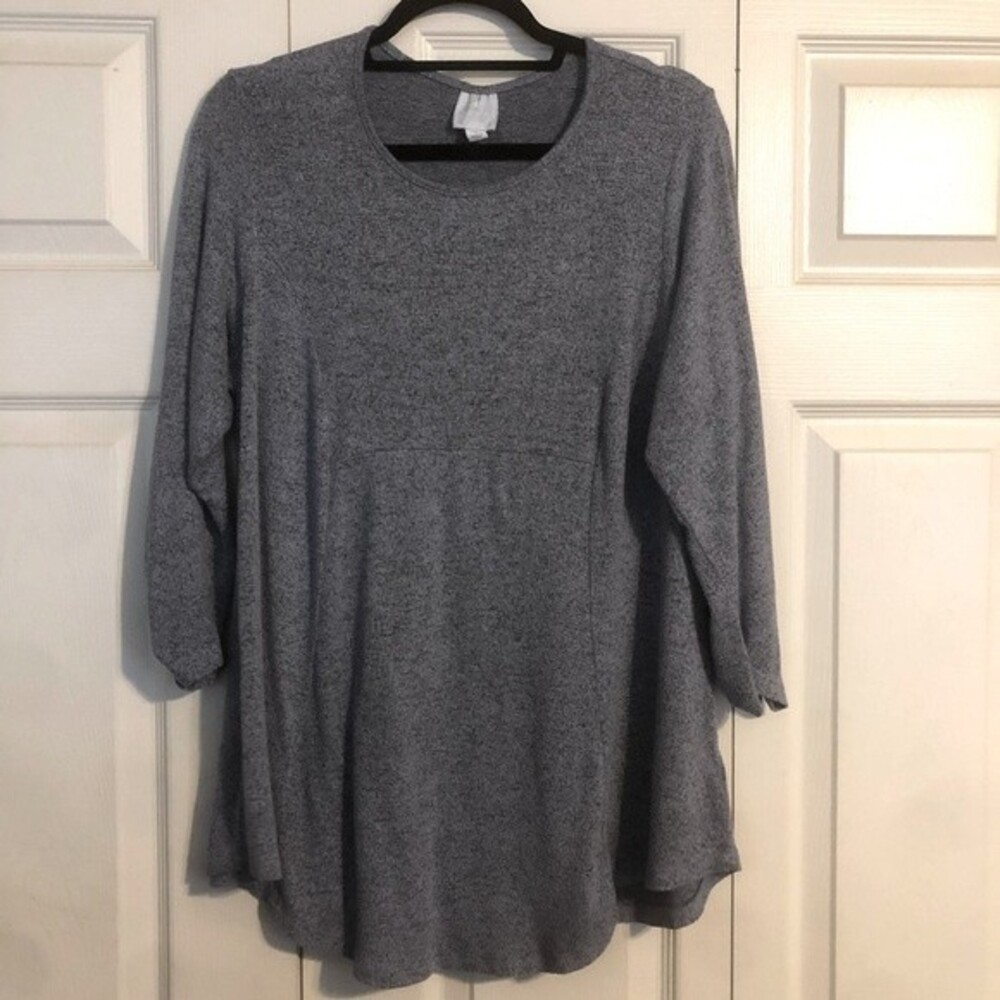SUNDAY 1X Blue Heather Crewneck Pullover Sweater Top 3/4 Sleeves Flowy Ruched